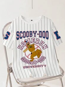 SCOOBY-DOO X SHEIN 大尺碼夏季休閒條紋卡通字母印花T恤 - 白色 - 查看 1