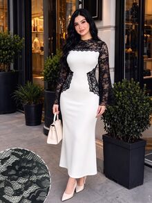 Modelyn فستان أنيق فاخر بأسلوب المشاهير من الدانتيل مع رقعات وأكمام طويلة وتصميم مفرغ وألوان متباينة بقصة ضيقة وإطلالة جذابة للنساء بمقاسات كبيرة - أبيض وأسود - مشاهدة 3