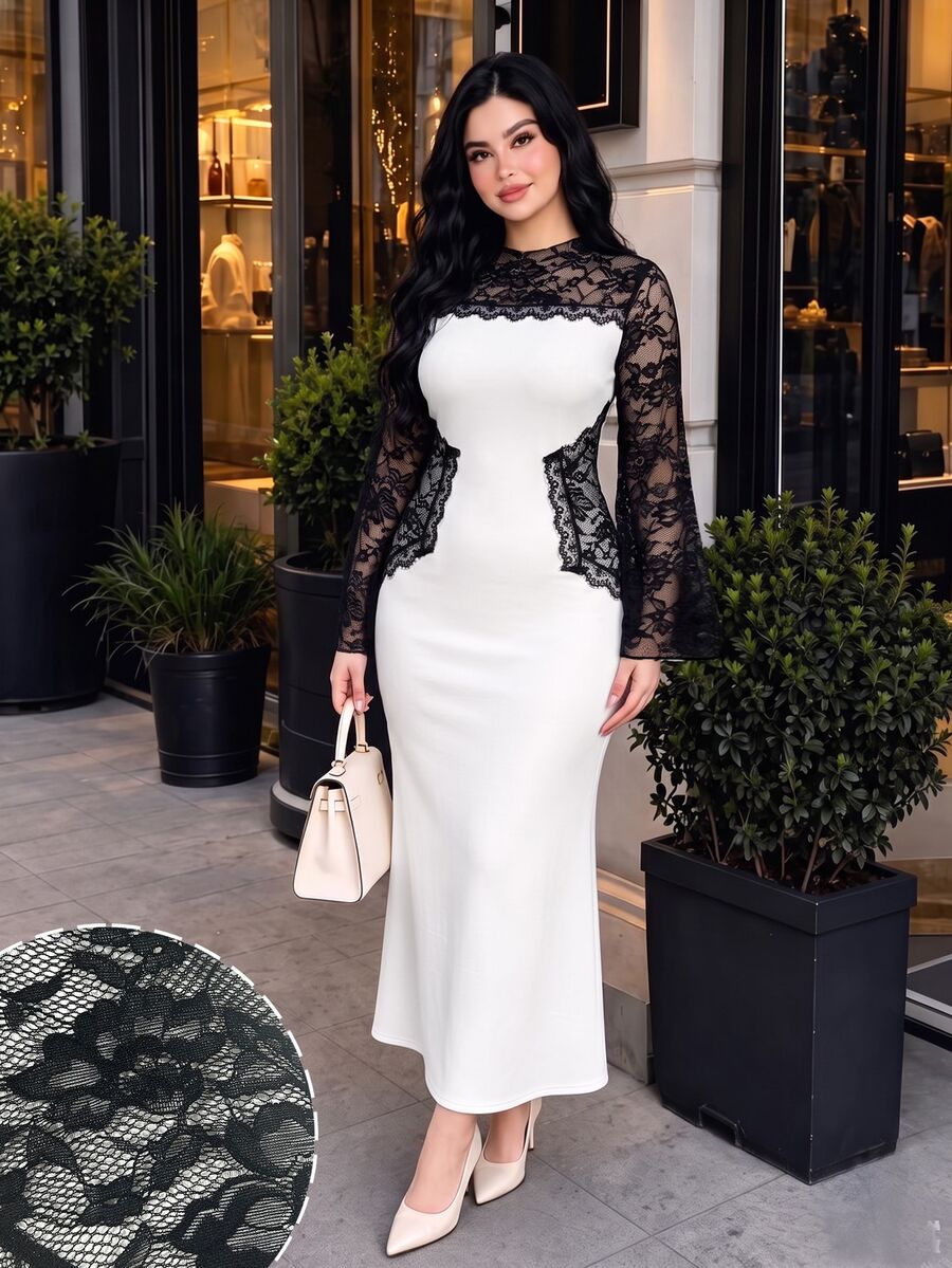 Modelyn Elegant High-End Celebrity Style Lace Patchwork Long Sleeve Hollow-Out Contrast Color Slim Fit Flattering Plus Size Dress For Women - Black and White - View 1