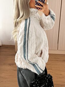 SHEIN EZwear 秋冬美式休閒毛絨紋理青蛙鈕扣夾克 - 杏色 - 查看 6