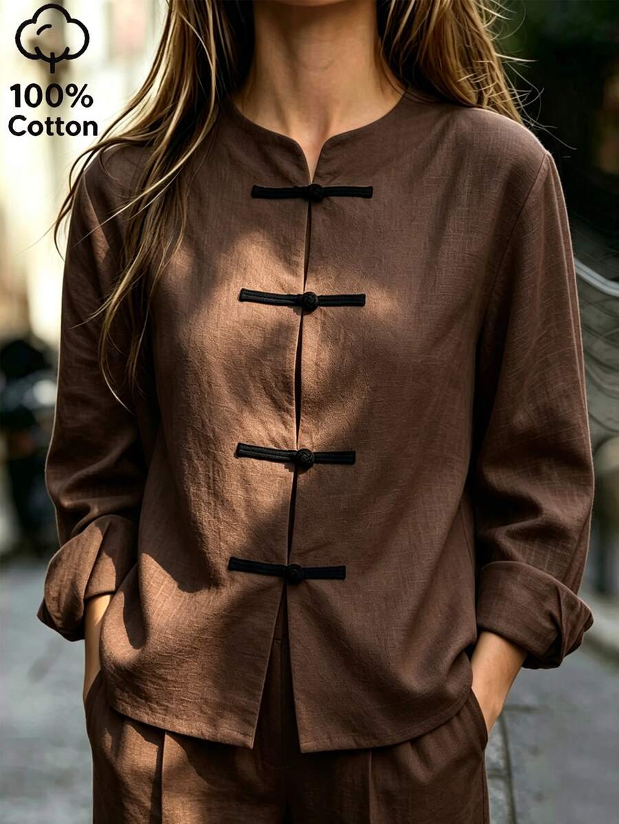SHEIN Blus Wanita Lengan Panjang Kancing Katak Warna Polos Gaya Cina, Cocok untuk Acara Santai, Minum Teh, dan Pesta, Warna Cokelat Kopi, Musim Gugur, dan Kasual. - Coffee Brown - View 1