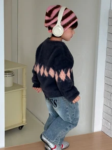 DAZY Infant/Toddler (Boy) Round Neck Diamond Grid Long Sleeve Autumn/Winter Korean Style Sweater - Grey - View 2