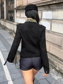StreetHx Fashion Casual Street Style Napoleon Vintage Palace Style Button-Up Leopard Print Patchwork Denim Jacket - Black - View 2