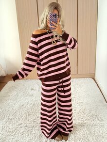 SHEIN EZwear Women Fall/Winter Sets Casual Home Cute Striped Knit 2 Pieces Set - Multicolor - View 7
