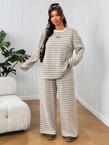 SHEIN EZwear Plus Size Striped Patchwork T-Shirt And Pants For School, Casual Home, Brown Versatile Striped Long Sleeve Long Pants 2 Pieces Set - Brown - View 4
