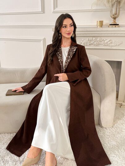 Al Najma Women's Patchwork Sequin Lapel Neck Long Sleeve Elegant Arabic Abaya