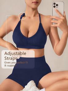Slayform Slayform Women's Solid Color Halter Neck Daily Fitness Sports Bra (Seamless) - Navy Blue - View 3