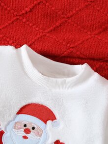 SHEIN Playful Pals 2件組 幼兒男嬰衛衣長褲套裝，可愛白色綠色聖誕補丁雪花毛絨長袖圓領加厚套頭衫，適合聖誕派對、冬季與秋季 - 綠色 - 查看 6