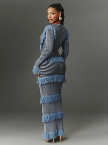 NYA SZN Gaun Rajut Elegan Pas Badan Wanita dengan Motif Garis-Garis, Leher Persegi, Lengan Panjang, Patchwork, Lapisan Ganda, dan Rumbai - Biru - View 2