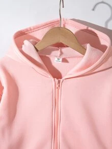 SHEIN 青少年女孩長袖抓絨秋季休閒百搭正裝寬鬆韓風開襟運動衫外套，返校季 - 粉色 - 查看 3