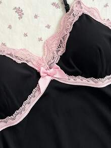 Sunspun Plus Size Summer Elegant Contrast Color Lace Trim Slit Cami Camisole - Black - View 3