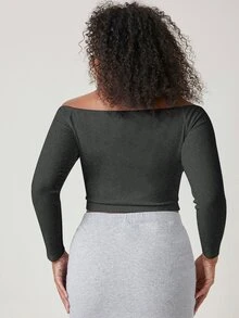 SHEIN BASICS 大尺碼純色露肩短版T恤女款夏季上衣套裝 - 深灰色 - 查看 2