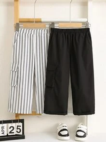 SHEIN 2件組男孩休閒運動可愛日常舒適街頭風百搭印花直筒褲與黑色純色口袋工裝褲，適合外出、上學、日常聚會，春、夏、秋、冬四季皆宜 - 彩色 - 查看 9
