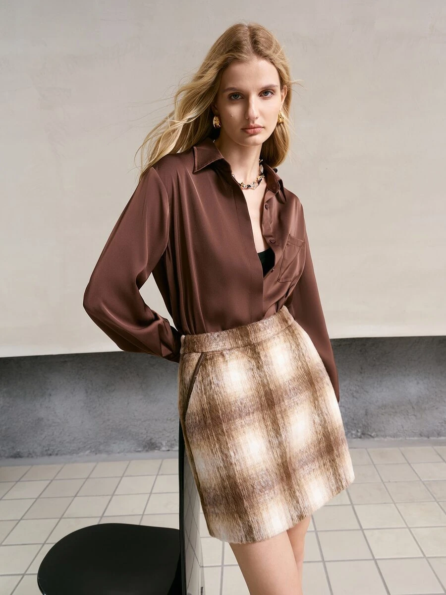 MOTF PREMIUM WOMEN'S PLAID PATCHWORK LEATHER MINI SKIRT, AUTUMN/WINTER - Coffee Brown - View 1