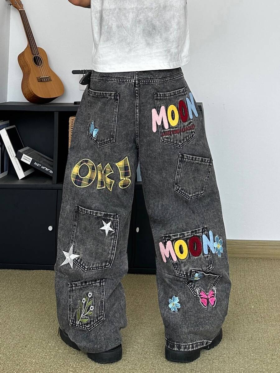 STEELVANCE Streetwear Retro Fashion Versatile Distressed Washed Embroidered Multi-Pocket Design Loose Straight Wide Leg Casual Denim Jeans (Belt And Accessories Not Included) - Grey - View 1