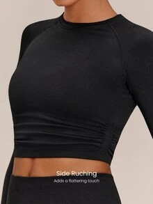 GLOWMODE Second-Skin Seamless Training Day Cropped Long Sleeve Training Top With Side Ruching & Ribbed Cuffs Training Workout Gym Fitness Fall Wear - Black - View 4