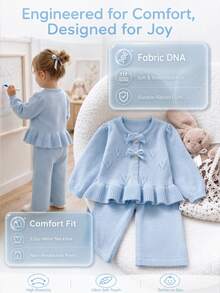 SHEIN Baby Girls Sweater Co-Ords, Pullover Round Neck Knitted Long Sleeve Cardigan, Pink Solid Color, Versatile Fashionable + Knitted Flared Long Pants, Suitable For Autumn/Winter, 2 Pieces Set, Versatile, Suitable For Outings, Travel, School - Baby Blue - View 6