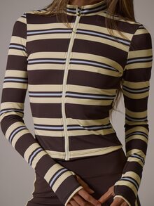 Musera Sport High Neck Striped Contrast Colour Zip Through Fitted BBL Active Jacket Butter Yellow Fall Winter Autumn Gym Pilates Fitness Daily Casual - Multicolor - View 3