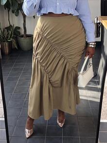 Slaydiva Autumn/Winter Casual Street Khaki Asymmetric Ruched Fishtail Skirt Plus Size - Brown - View 8