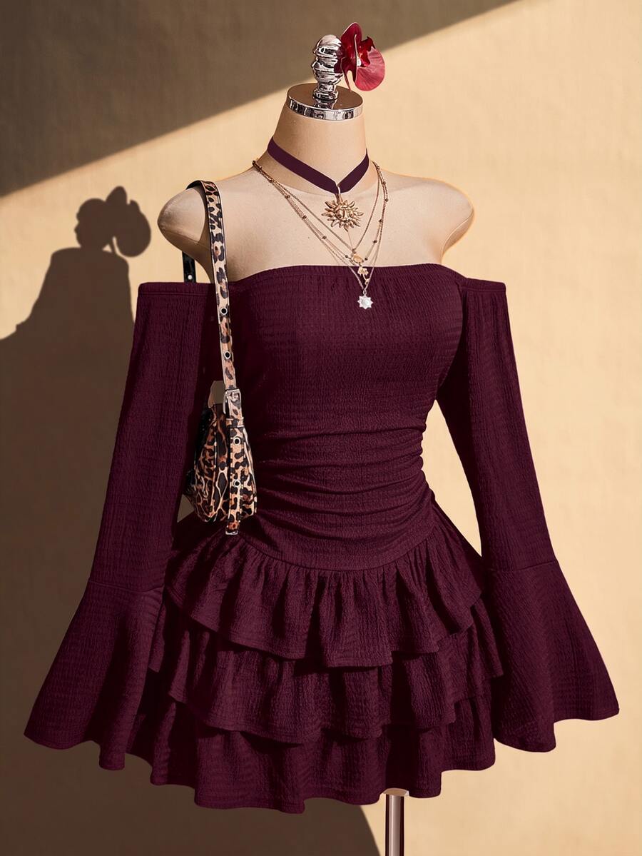 SHEIN ICON Women's Plus Size Textured Black Off-Shoulder Dress Fall - Burgundy - View 1