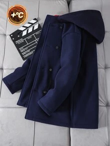 SHEIN 兒童青少年男孩休閒學院風舒適時尚簡約實用百搭帽子，紅色格紋裝飾，毛絨內裡，舒適加厚連帽大衣，適合秋冬，絎縫外套、填充外套、冬季外套 - 寶藍色 - 查看 2