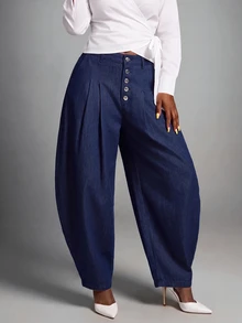SHEIN Lunessa Celana Panjang Denim Model Melengkung yang Modis untuk Komuter - Biru - View 1