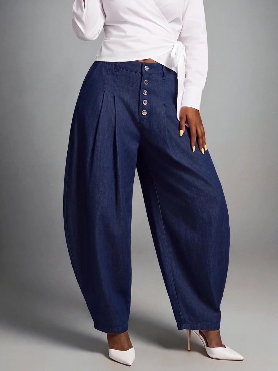 SHEIN Lunessa Celana Panjang Denim Model Melengkung yang Modis untuk Komuter - Biru - View 1