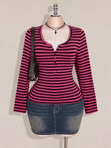 SHEIN ICON Women's Plus Size Autumn/Winter Contrast Lace Black & Grey Striped Slim Fit T-Shirt Fall - Multicolor - View 9