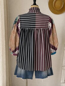 SHEIN CURVE+ 大尺碼女款條紋休閒七分袖襯衫 - 彩色 - 查看 2
