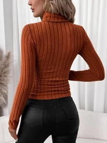 SHEIN Clasi 女款秋冬高領長袖時尚T恤，適合日常穿著 - 鏽棕色 - 查看 2