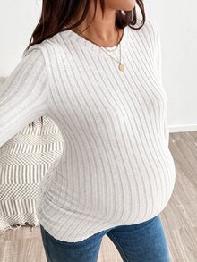 SHEIN 孕婦秋季休閒純色修身長袖T恤 - 白色 - 查看 6
