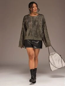 Freevana Plus Size Women's Vintage Cable Knit Gold Foil Design Long Sleeve Loose Fit Sweater - Black - View 6