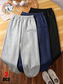 SHEIN 3件組兒童青少年男孩休閒百搭款黑色、藍色、灰色運動長褲，適合學校、日常休閒外出、運動，冬季全季節穿著 - 彩色 - 查看 2