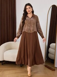 Al Najma Women's Elegant Dark Pattern Jacquard Contrast Solid Color Loose Casual Comfortable Daily Long Sleeve Arabian Dress - Coffee Brown - View 5