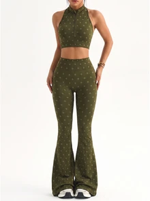 Dewbera Dewbera 1pc Women's Seamless Mock Neck Half Zip Racerback Cutout Casual Yoga Studio Training Long Flare Leggings Sports Set - Army Green - View 4