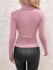 SHEIN Clasi 女款立領抓皺腰部保暖發熱T恤 - 粉色 - 查看 2