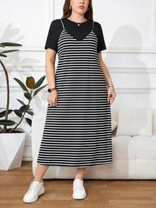Easowa Curve 大尺碼女款純色圓領短袖T恤與條紋細肩帶洋裝休閒兩件套 - 黑與白 - 查看 5