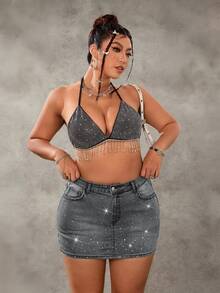 SHEIN ICON Plus Size Women's Fashion Rhinestone Embellished Washed Denim Bodycon Skirt With Pockets - Grey - View 5