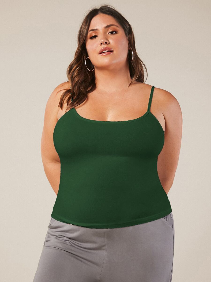 SHEIN BASICS 大尺碼純色細肩帶背心上衣 夏季女款穿搭上衣 - 墨綠色 - 查看 1