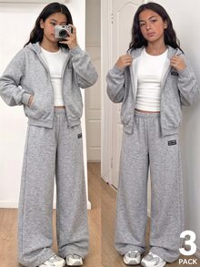 Sparklyn 3件組女孩青少年連帽長袖拉鍊運動衫與直筒長褲秋冬套裝 - 彩色 - 查看 1