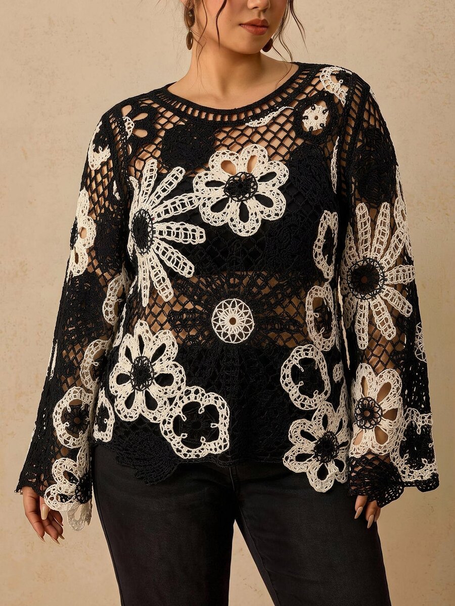 Travachic Plus Size Women's Spring/Autumn Hollow Crochet Long Sleeve Fashion Versatile Design Knit Top Fall - Multicolor - View 1