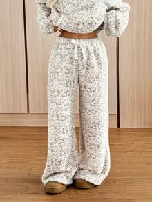 SHEIN EZwear Women's Leopard Print Coral Fleece Long Pants, Winter - Multicolor - View 3