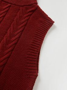 SHEIN Rompi Rajut Kabel Bertekstur dengan Kerah Tinggi dan Detail Ikat Pinggang. Desain Tanpa Lengan, Ideal untuk Menciptakan Tampilan - Merah - View 7