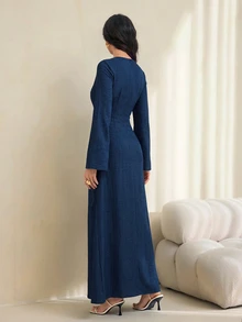 SHEIN Tall 女款純色扭結設計前襟金屬扣飾喇叭袖長袖洋裝 - 寶藍色 - 查看 2