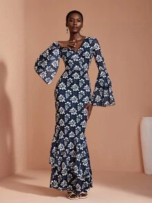 JIAN LASALA Mesh Long Double Layers Sleeve V Overlapped Neckline Uneven Hem Long Dress Vacation Elegant - Multicolor - View 3