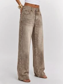 SHEIN BAE Women's Straight Leg Loose Casual Versatile Denim Jeans With Pockets, Fall Winter Outfits For Women, Khaki Jeans, Casual Versatile Low Ride Jeans. - Khaki - View 4
