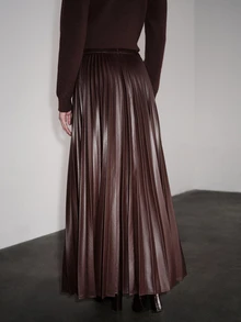 Anewsta Women's Romantic Elegant Textured Pleated PU Skirt, Suitable For Holiday, Daily Wear, Party, Date, Commute And Other Occasions - Coffee Brown - View 2