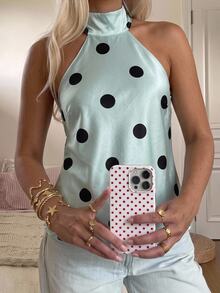 CovetEZ Women's Sweet French Polka Dot Print Halter Neck Tie Top - Mint Blue - View 6