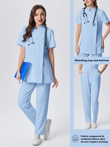 Scrubzie طقم ملابس طبية بلون موحد، ملابس علوية بأكمام قصيرة وبنطال طويل - أزرق فاتح اللون - مشاهدة 1