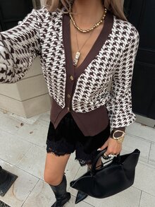 DAZY Women's Houndstooth Long Sleeve Single-Breasted Knit Cardigan Fall - Brown - View 5